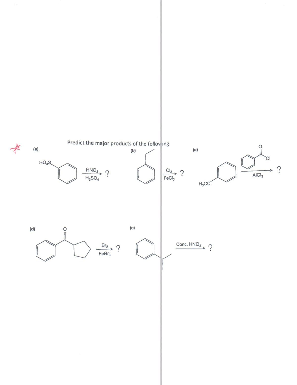 Predict the major products of the follow ing.
(c)
(a)
(b)
CI
HO,S
HNO3
Cl2, ?
AICI3
FeCla
H,SO,
H3CO
(e)
(d)
Br2, ?
Conc. HNO,
?
FeBr3
