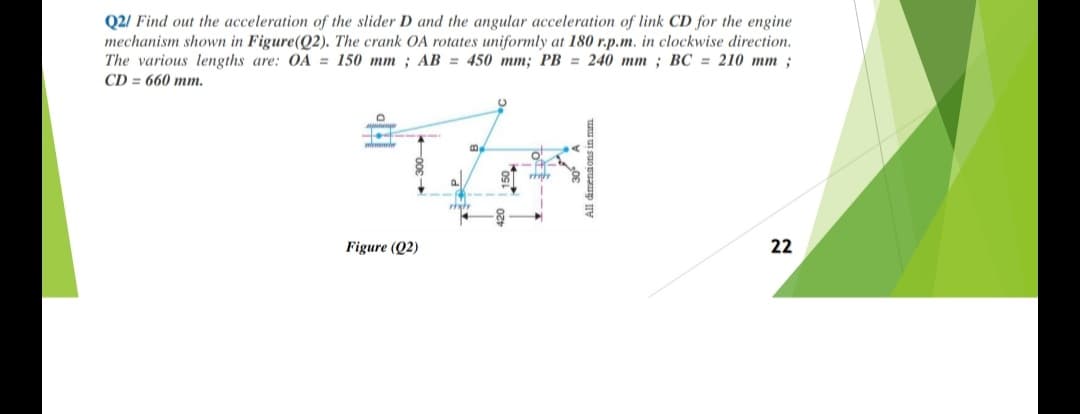 Q2/ Find out the acceleration of the slider D and the angular acceleration of link CD for the engine
mechanism shown in Figure(Q2). The crank OA rotates uniformly at 180 r.p.m. in clockwise direction.
The various lengths are: OA = 150 mm ; AB = 450 mm; PB = 240 mm ; BC = 210 mm ;
CD = 660 mm.
P.
Figure (Q2)
22
