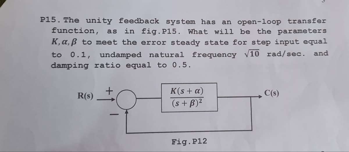 P15. The unity feedback system has an open-loop transfer
function, as in fig.P15. What will be the parameters
K, a, ß to meet the error steady state for step input equal
to 0.1, undamped natural frequency √10 rad/sec. and
damping ratio equal to 0.5.
R(s)
K(s + a)
(s + B)²
Fig. P12
C(s)