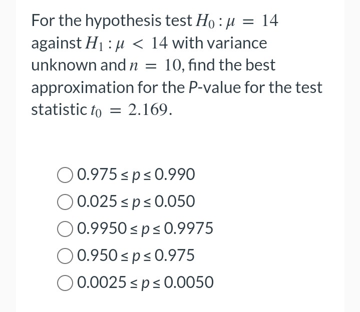 For the hypothesis test Ho: μ = 14
against H₁:μ< 14 with variance
unknown and n = 10, find the best
approximation for the P-value for the test
statistic to = 2.169.
0.975 ≤p ≤ 0.990
0.025 ≤ p≤ 0.050
0.9950 ≤ p≤ 0.9975
0.950 ≤p ≤ 0.975
0.0025 ≤p ≤ 0.0050