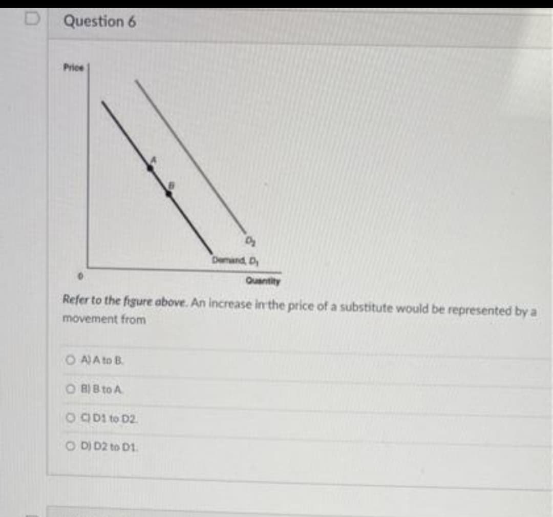 Question 6
Price
Demand, D
Quantity
Refer to the figure above. An increase in the price of a substitute would be represented by a
movement from
0
OA) A to B
OB) B to A
OCD1 to D2.
OD) D2 to D1.