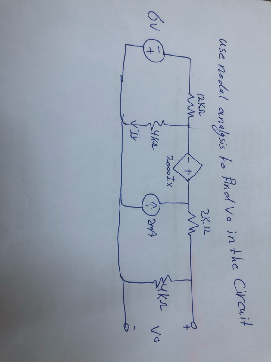 ase nodal analgsis to find Vo in the Circuit
12KL
2000 Ix
1) 2mA
Ix
