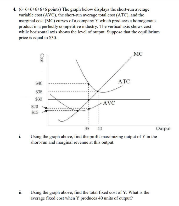 4. (6+6+6+6+6+6 points) The graph below displays the short-run average
variable cost (AVC), the short-run average total cost (ATC), and the
marginal cost (MC) curves of a company Y which produces a homogenous
product in a perfectly competitive industry. The vertical axis shows cost
while horizontal axis shows the level of output. Suppose that the equilibrium
price is equal to $30.
MC
ATC
$40
$38
$30
AVC
$20
$15
35
40
Output
i.
Using the graph above, find the profit-maximizing output of Y in the
short-run and marginal revenue at this output.
ii.
Using the graph above, find the total fixed cost of Y. What is the
average fixed cost when Y produces 40 units of output?
Cost
