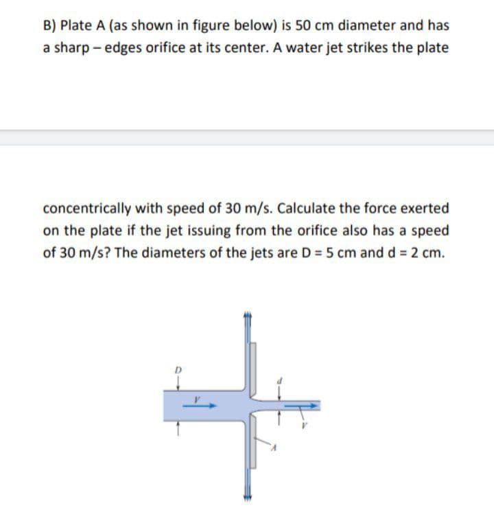 B) Plate A (as shown in figure below) is 50 cm diameter and has
a sharp - edges orifice at its center. A water jet strikes the plate
concentrically with speed of 30 m/s. Calculate the force exerted
on the plate if the jet issuing from the orifice also has a speed
of 30 m/s? The diameters of the jets are D = 5 cm and d = 2 cm.
