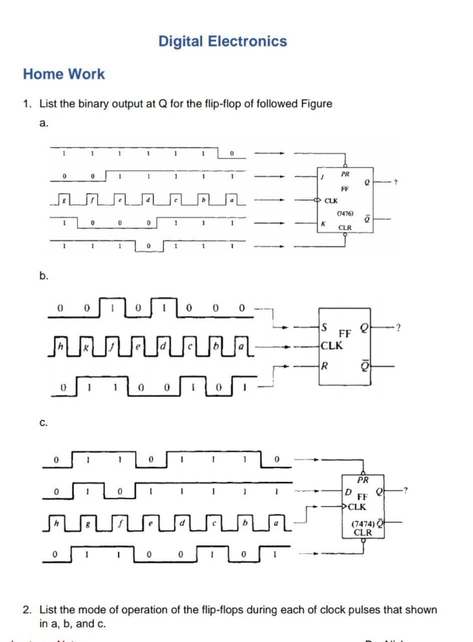 Digital Electronics
Home Work
1. List the binary output at Q for the flip-flop of followed Figure
a.
1
1
PR
1
1
FF
CLK
(7476)
1
K
CLR
1
1
b.
FF
CLK
С.
PR
1
FF
>CLK
(7474) O
CLR
2. List the mode of operation of the flip-flops during each of clock pulses that shown
in a, b, and c.
