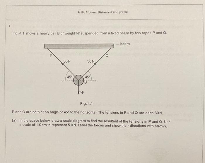 1
Fig. 4.1 shows a heavy ball B of weight W suspended from a fixed beam by two ropes P and Q.
30 N
G10: Motion: Distance-Time graphs
45°
B
W
30 N
45°
beam.
Fig. 4.1
P and Q are both at an angle of 45° to the horizontal. The tensions in P and Q are each 30N.
(a) In the space below, draw a scale diagram to find the resultant of the tensions in P and Q. Use
a scale of 1.0cm to represent 5.0 N. Label the forces and show their directions with arrows.