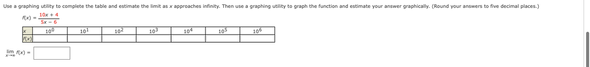 Use a graphing utility to complete the table and estimate the limit as x approaches infinity. Then use a graphing utility to graph the function and estimate your answer graphically. (Round your answers to five decimal places.)
10x + 4
f(x) =
5x - 6
100
101
102
103
104
105
106
F(x)
lim f(x) =
