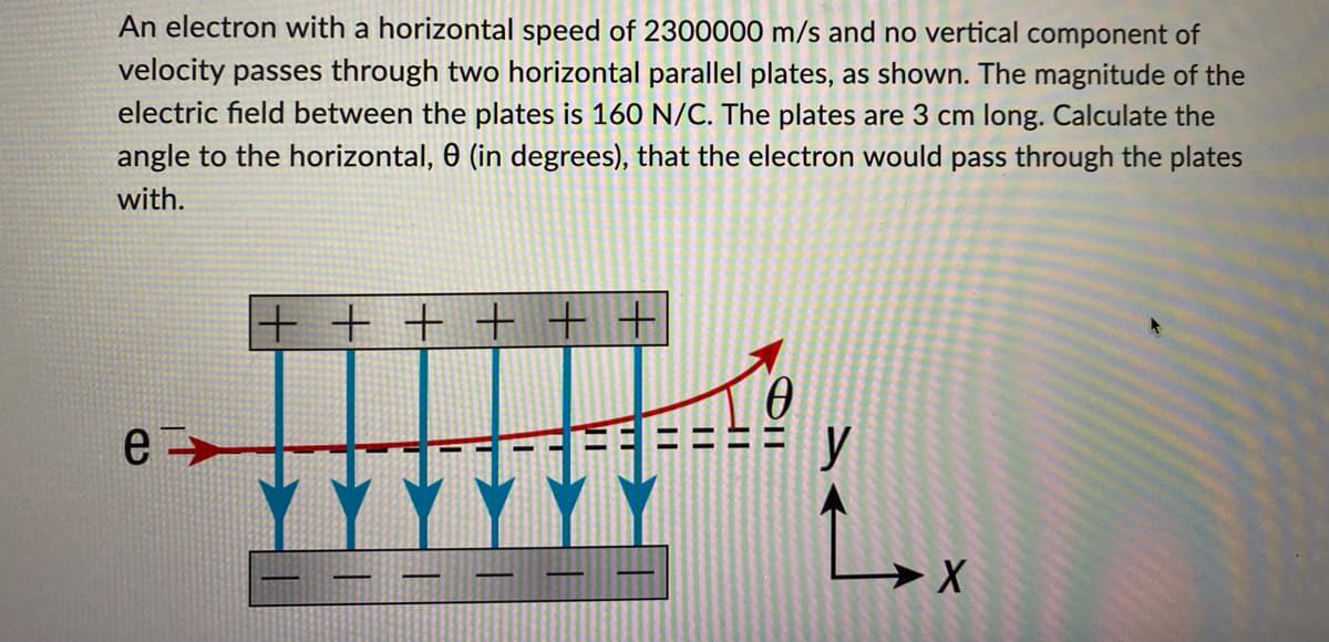 An electron with a horizontal speed of 2300000 m/s and no vertical component of
velocity passes through two horizontal parallel plates, as shown. The magnitude of the
electric field between the plates is 160 N/C. The plates are 3 cm long. Calculate the
angle to the horizontal, 0 (in degrees), that the electron would pass through the plates
with.
e-
+ + + + + +
II
||
||
0
||
y
X