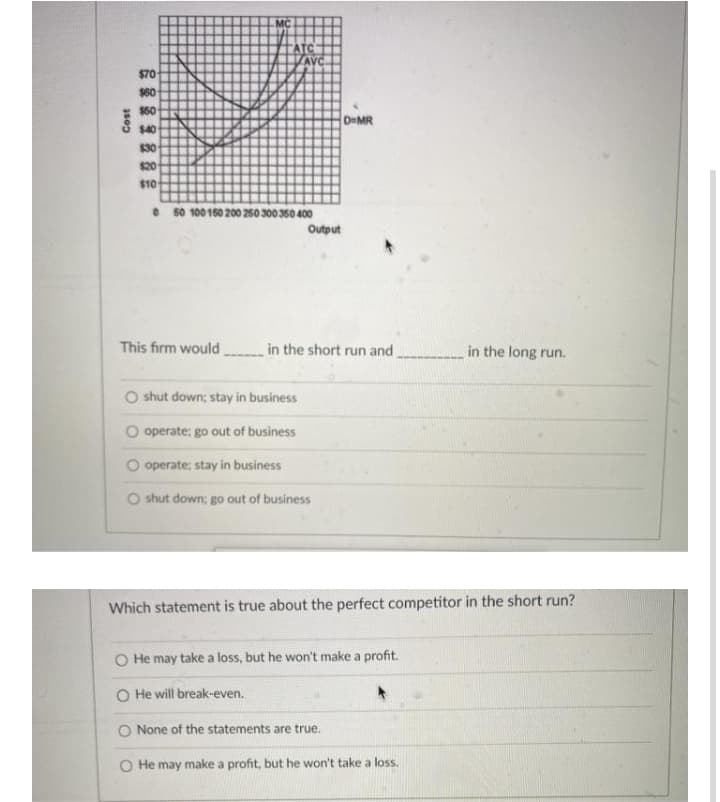 MC.
ATC
AVC
$70
$60
$50
D MR
$40
$30
$20
$10
50 100160 200 250 300360 400
Output
This firm would
in the short run and
in the long run.
O shut down; stay in business
operate: go out of business
O operate; stay in business
O shut down; go out of business
Which statement is true about the perfect competitor in the short run?
O He may take a loss, but he won't make a profit.
O He will break-even.
O None of the statements are true.
O He may make a profit, but he won't take a loss.
asop
