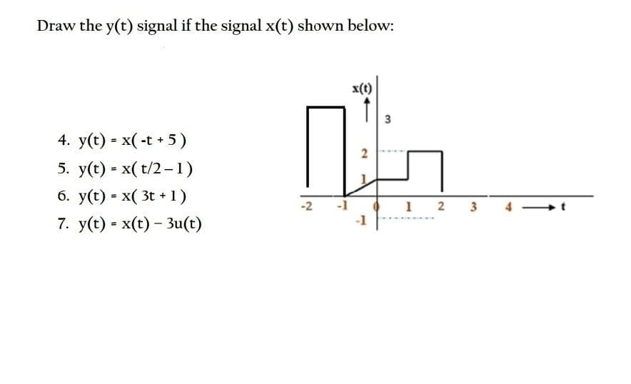 Draw the y(t) signal if the signal x(t) shown below:
x(t)
3
4. y(t) - x(-t + 5)
5. y(t) - x( t/2-1)
б. у(t) - х( 3t +1)
-2
1 2 3
7. y(t) = x(t) – 3u(t)
-1
