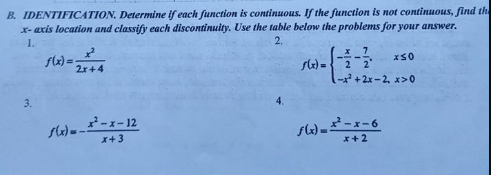 B. IDENTIFICATION, Determine if each function is continuous. If the function is not continuous, find th
x- axis location and classify each discontinuity. Use the table below the problems for your answer.
1.
2.
7
flx) =
%3D
slx) =
x++2x-2, x>0
2x+4
3.
4.
x -x- 12
f(x) =-x-6
x+2
sle) = -
x+3
