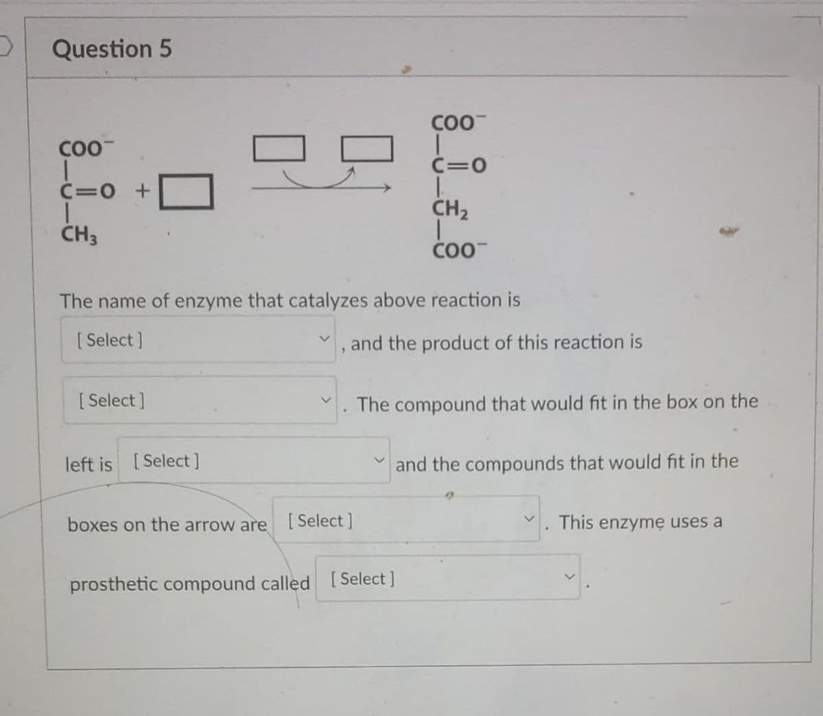 Question 5
COO
COO
C=0
C=0 +
CH2
ČH3
COO
The name of enzyme that catalyzes above reaction is
[ Select ]
,and the product of this reaction is
[ Select ]
The compound that would fit in the box on the
left is [Select]
and the compounds that would fit in the
boxes on the arrow are
[ Select ]
This enzymę uses a
prosthetic compound called [ Select ]
