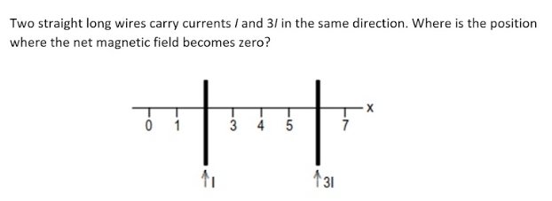 Two straight long wires carry currents / and 31 in the same direction. Where is the position
where the net magnetic field becomes zero?
3 4
1 31
