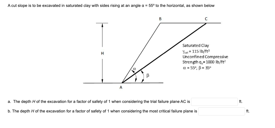 A cut slope is to be excavated in saturated clay with sides rising at an angle a = 55° to the horizontal, as shown below
B
Saturated Clay
Ysat = 115 Ib/ft
Unconfined Compressive
Strength q,= 1000 Ib/ft?
a = 55°, B = 35°
H.
B
A
a. The depth H of the excavation for a factor of safety of 1 when considering the trial failure plane AC is
ft.
b. The depth H of the excavation for a factor of safety of 1 when considering the most critical failure plane is
ft.
