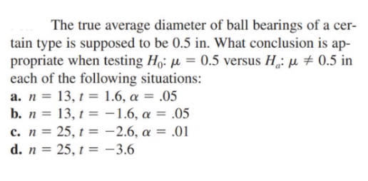 The true average diameter of ball bearings of a cer-
tain type is supposed to be 0.5 in. What conclusion is ap-
propriate when testing H,: µ = 0.5 versus H: µ + 0.5 in
each of the following situations:
a. n = 13, t = 1.6, a = .05
b. n = 13, t = -1.6, a = .05
c. n = 25, t = -2.6, a = .01
d. n = 25, t = -3.6
%3D
%3D
