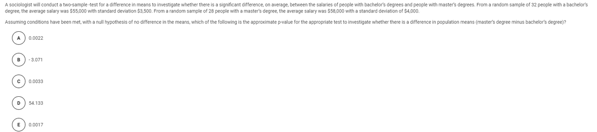 A sociologist will conduct a two-sample -test for a difference in means to investigate whether there is a significant difference, on average, between the salaries of people with bachelor's degrees and people with master's degrees. From a random sample of 32 people with a bachelor's
degree, the average salary was $55,000 with standard deviation $3,500. From a random sample of 28 people with a master's degree, the average salary was $58,000 with a standard deviation of $4,000.
Assuming conditions have been met, with a null hypothesis of no difference in the means, which of the following is the approximate p-value for the appropriate test to investigate whether there is a difference in population means (master's degree minus bachelor's degree)?
A
0.0022
B
- 3.071
0.0033
54.133
0.0017
