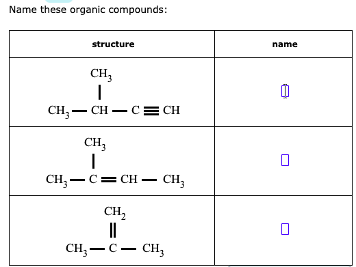 Name these organic compounds:
structure
name
CH3
CH;- CH – c= CH
CH3
CH, — С %3D сн — сн,
CH,
CH, — С — сн,

