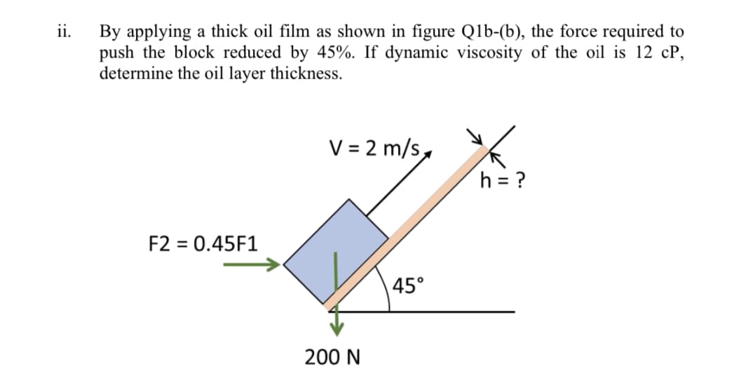 ii.
By applying a thick oil film as shown in figure Qlb-(b), the force required to
push the block reduced by 45%. If dynamic viscosity of the oil is 12 cP,
determine the oil layer thickness.
V = 2 m/s,
h = ?
F2 = 0.45F1
45°
200 N
