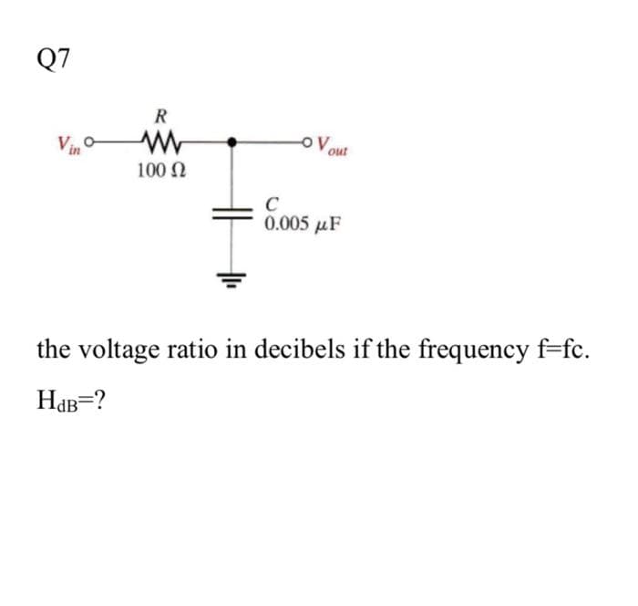 Q7
R
www
100 Ω
o Vout
C
0.005 με
the voltage ratio in decibels if the frequency f-fc.
HdB=?