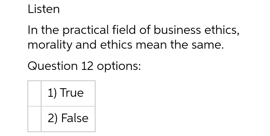 Listen
In the practical field of business ethics,
morality and ethics mean the same.
Question 12 options:
1) True
2) False
