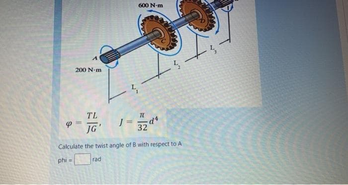 600 N-m.
200 N-m
TL
JG
32
Calculate the twist angle of B with respect to A
phi =
гad
