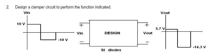 2. Design a clamper circuit to perform the function indicated.
+
herh
DESIGN
Si diodes
Vin
10 V
-10 V
Vin
+
Vout
Vout
5.7 V