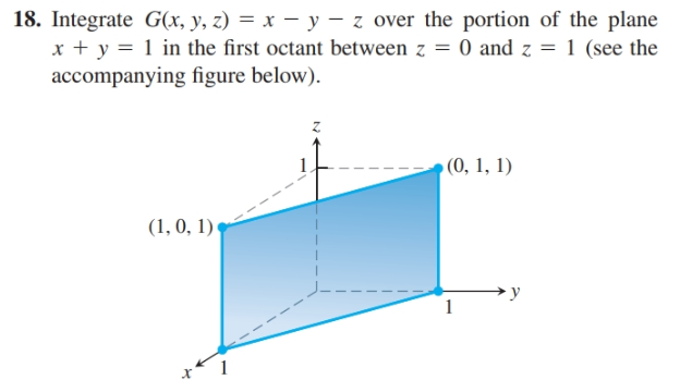18. Integrate G(x, y, z) = x – y – z over the portion of the plane
x + y = 1 in the first octant between z = 0 and z = 1 (see the
accompanying figure below).
(0, 1, 1)
(1, 0, 1)

