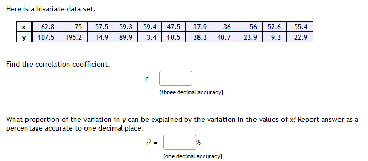 Here is a bivariate data set.
62.8
75
57.5
59.3
59.4
47.5
37.9
36
56
52.6
55.4
y
107.5
195.2
-14.9
89.9
3.4
10.5
-38.3
40.7
-23.9
9.3
-22.9
Find the correlation coefficient.
r =
[three decimal accuracy]
What proportion of the variation in y can be explained by the variation in the values of x? Report answer as a
percentage accurate to one decimal place.
r2 =
[one decimal accuracy]
