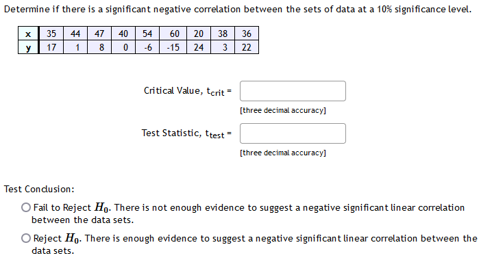 Determine if there is a significant negative correlation between the sets of data at a 10% significance level.
35 44 47
40
54
60 20 38 36
У
17
8
-6
-15
24
3 22
Critical Value, tcrit=
[three decimal accuracy]
Test Statistic, ttest -
[three decimal accuracy]
Test Condusion:
Fail to Reject Ho. There is not enough evidence to suggest a negative significant linear correlation
between the data sets.
O Reject Ho. There is enough evidence to suggest a negative significant linear correlation between the
data sets.
