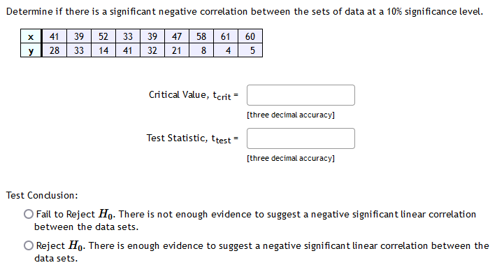 Determine if there is a significant negative correlation between the sets of data at a 10% significance level.
41
39
52 33
39
47
58
61
60
y
28 33
14
41
32
21
8
4
5
Critical Value, tcrit =
[three decimal accuracy]
Test Statistic, ttest =
[three decimal accuracy]
Test Condusion:
O Fail to Reject Họ. There is not enough evidence to suggest a negative significant linear correlation
between the data sets.
O Reject Ho. There is enough evidence to suggest a negative significant linear correlation between the
data sets.
