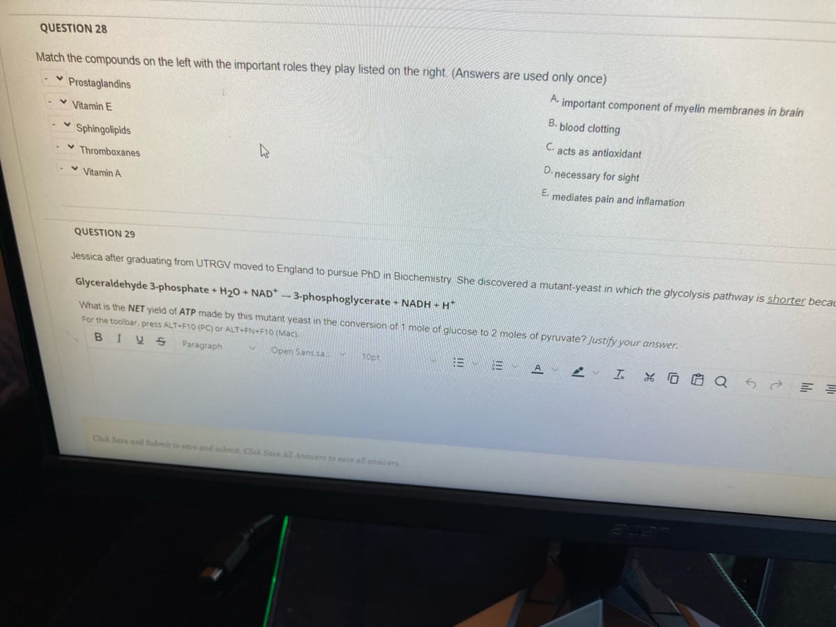QUESTION 28
Match the compounds on the left with the important roles they play listed on the right. (Answers are used only once)
A.
important component of myelin membranes in brain
Prostaglandins
B. blood clotting
Vitamin E
C. acts as antioxidant
Sphingolipids
D.
* Thromboxanes
necessary for sight
v Vitamin A
E. mediates pain and inflamation
QUESTION 29
Jessica after graduating from UTRGV moved to England to pursue PhD in Biochemistry She discovered a mutant-yeast in which the glycolysis pathway is shorter becac
Glyceraldehyde 3-phosphate + H20 + NAD* 3-phosphoglycerate + NADH + H*
What is the NET yield of ATP made by this mutant yeast in
conversion of 1 mole of glucose to 2 moles of pyruvate? Justify your answer.
For the toolbar, press ALT+F10 (PC) or ALT+FN+F10 (Mac).
BIUS
Рагagraph
Open Sans.sa.
10pt
2 工x厄 Q
Click Save and Submit to save and submit. Click Save All Answers to save all answers

