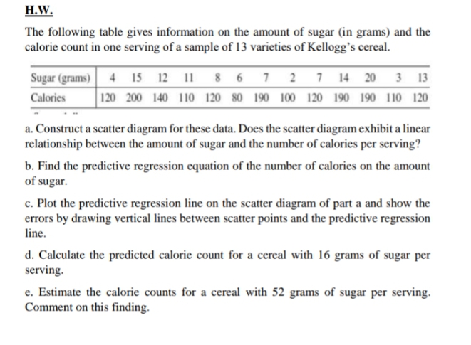 H.W.
The following table gives information on the amount of sugar (in grams) and the
calorie count in one serving of a sample of 13 varieties of Kellogg's cereal.
Sugar (grams) 4 15 12 11
8 6
1 2 7
14 20 3 13
Calories
120 200 140 110 120 80 190 100 120 190 190 110 120
a. Construct a scatter diagram for these data. Does the scatter diagram exhibit a linear
relationship between the amount of sugar and the number of calories per serving?
b. Find the predictive regression equation of the number of calories on the amount
of sugar.
c. Plot the predictive regression line on the scatter diagram of part a and show the
errors by drawing vertical lines between scatter points and the predictive regression
line.
d. Calculate the predicted calorie count for a cereal with 16 grams of sugar per
serving.
e. Estimate the calorie counts for a cereal with 52 grams of sugar per serving.
Comment on this finding.
