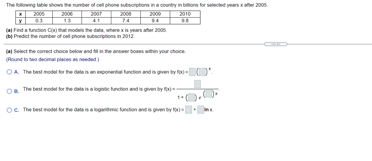 The following table shows the number of cell phone subscriptions in a country in billions for selected years x after 2005.
X
2005
2006
2007
2008
2009
2010
y
0.3
1.3
4.1
7.4
9.4
9.8
(a) Find a function C(x) that models the data, where x is years after 2005
(b) Predict the number of cell phone subscriptions in 2012.
(a) Select the correct choice below and fill in the answer boxes within your choice.
(Round to two decimal places as needed.)
O A. The best model for the data is an exponential function and is given by f(x) =
Ов.
The best model for the data is a logistic function and is given by f(x) =
1+
e
OC. The best model for the data is a logarithmic function and is given by f(x) =
In x.
