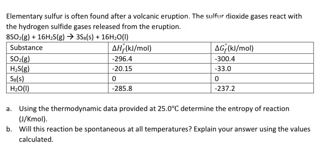 Elementary sulfur is often found after a volcanic eruption. The sulfur dioxide gases react with
the hydrogen sulfide gases released from the eruption.
8SO2(g) + 16H2S(g) → 3S8(s) + 16H20(I)
Substance
AH;(kJ/mol)
AG;(kJ/mol)
SO-(g)
H;S(g)
S8(s)
H2O(1)
-296.4
-300.4
-20.15
-33.0
-285.8
-237.2
a. Using the thermodynamic data provided at 25.0°C determine the entropy of reaction
(J/Kmol).
b. Will this reaction be spontaneous at all temperatures? Explain your answer using the values
calculated.
