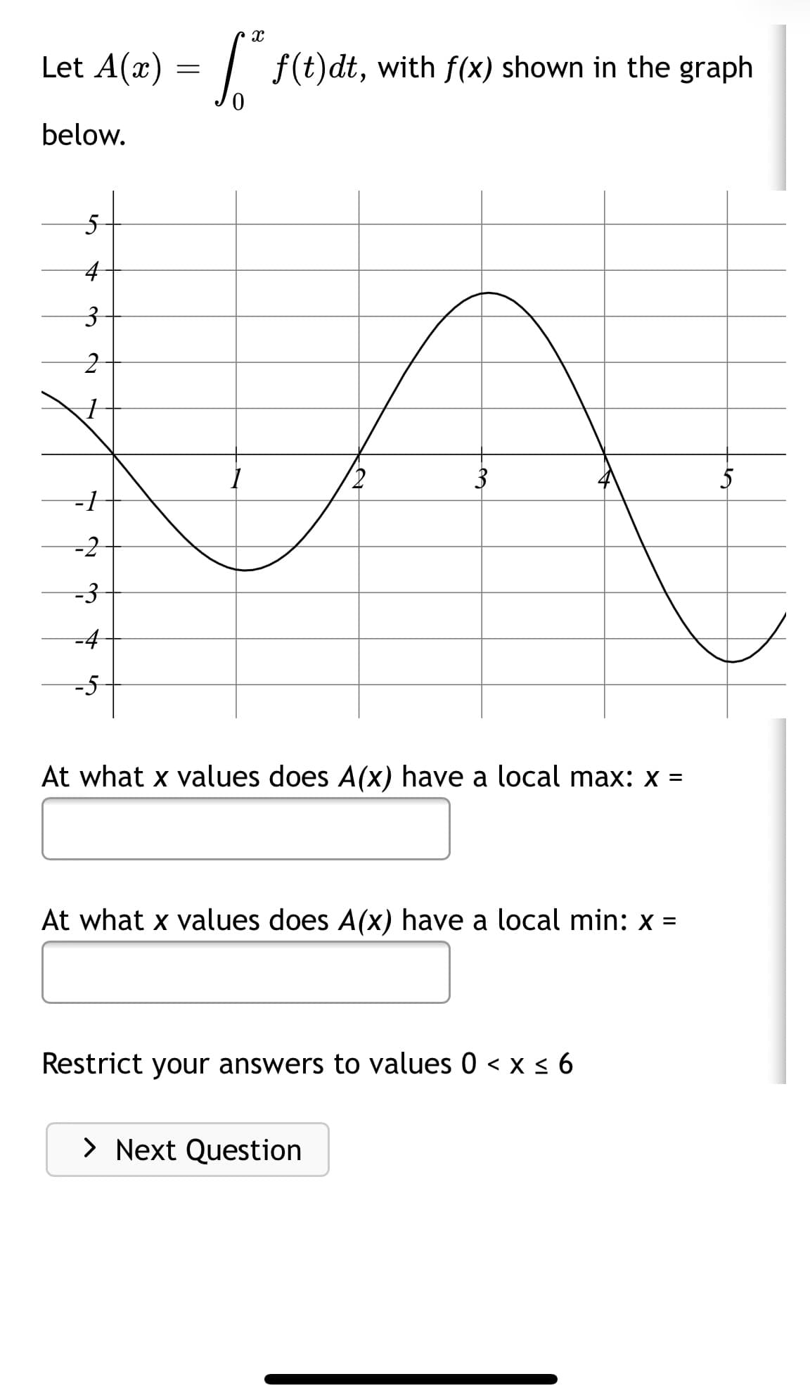 Let A(x) = | f(t)dt, with f(x) shown in the graph
below.
3
-2
-3
-4
-5
At what x values does A(x) have a local max: x =
At what x values does A(x) have a local min: x =
Restrict your answers to values 0 < x < 6
> Next Question

