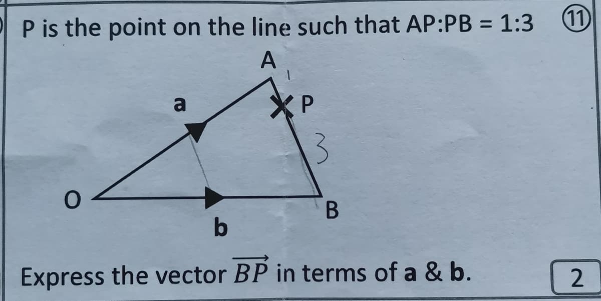P is the point on the line such that AP:PB = 1:3
A
a
4
b
Express the vector BP in terms of a & b.
O
P
B
(11)
2
