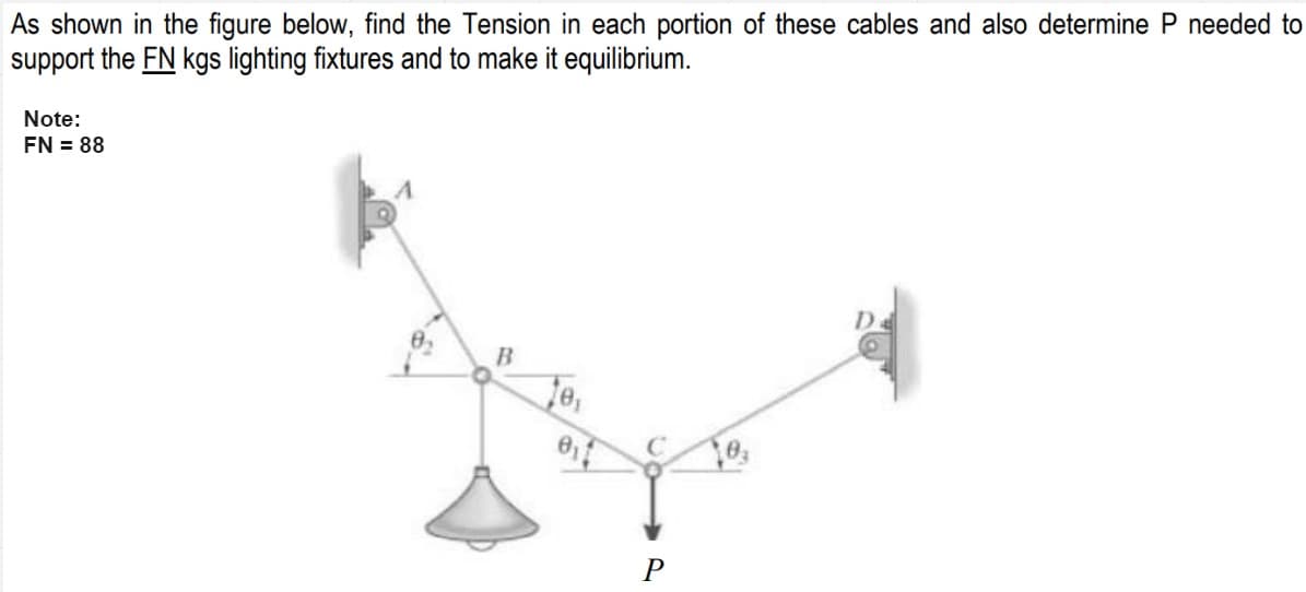As shown in the figure below, find the Tension in each portion of these cables and also determine P needed to
support the FN kgs lighting fixtures and to make it equilibrium.
Note:
FN = 88
B
Je,
P