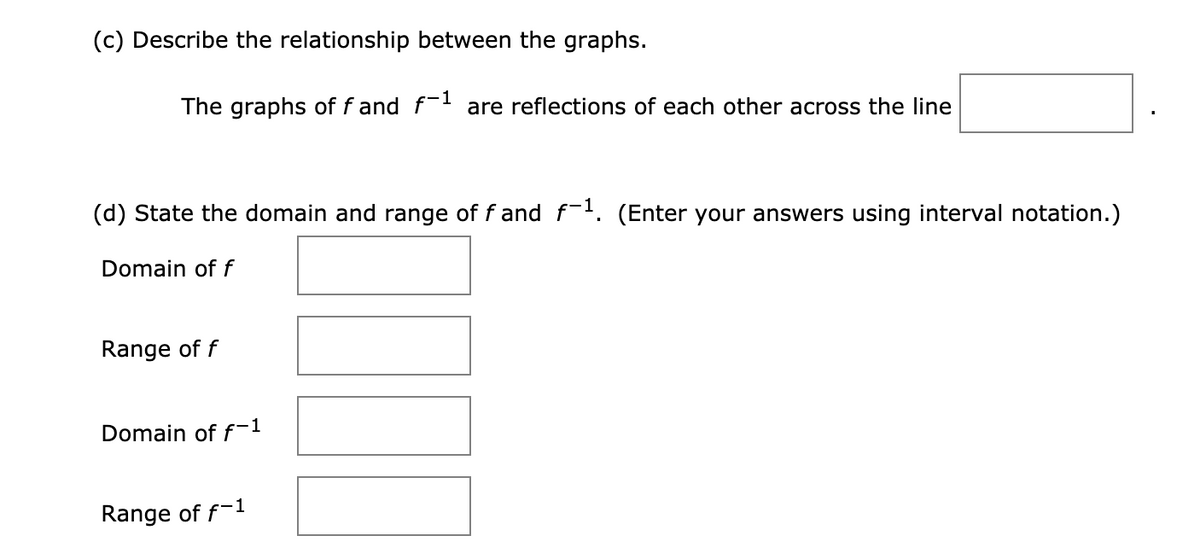 (c) Describe the relationship between the graphs.
The graphs of f and f- are reflections of each other across the line
(d) State the domain and range of f and f-. (Enter your answers using interval notation.)
Domain of f
Range of f
Domain of f-1
Range of f-1
