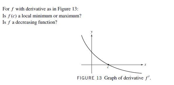 For f with derivative as in Figure 13:
Is f(c) a local minimum or maximum?
Is f a decreasing function?
FIGURE 13 Graph of derivative f'.
