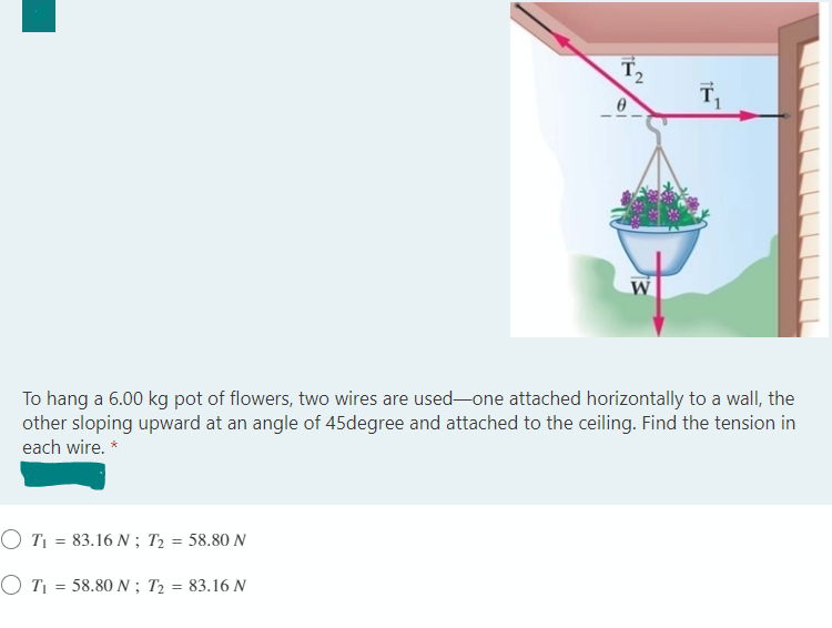 T2
W
To hang a 6.00 kg pot of flowers, two wires are used-one attached horizontally to a wall, the
other sloping upward at an angle of 45degree and attached to the ceiling. Find the tension in
each wire. *
O T1 = 83.16 N ; T2 = 58.80 N
O Tị = 58.80 N ; T2 = 83.16 N

