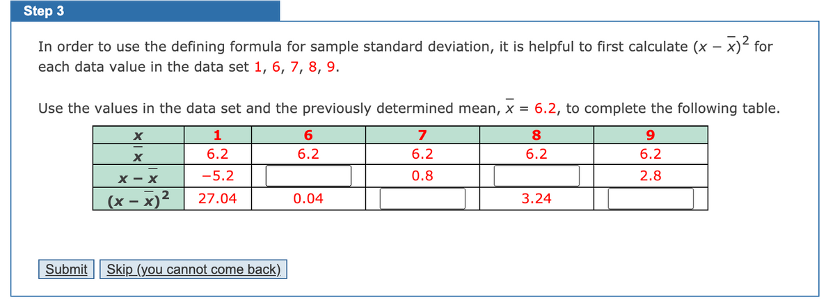 Step 3
In order to use the defining formula for sample standard deviation, it is helpful to first calculate (x – x)² for
each data value in the data set 1, 6, 7, 8, 9.
Use the values in the data set and the previously determined mean, x =
6.2, to complete the following table.
7
8
6.2
6.2
6.2
6.2
6.2
х — х
-5.2
0.8
2.8
(x – x)²
27.04
0.04
3.24
Submit
Skip (you cannot come back)
