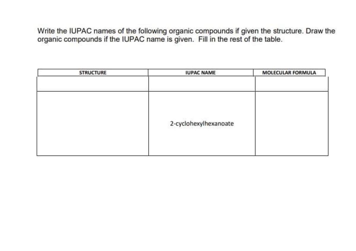 Write the IUPAC names of the following organic compounds if given the structure. Draw the
organic compounds if the IUPAC name is given. Fill in the rest of the table.
STRUCTURE
IUPAC NAME
MOLECULAR FORMULA
2-cyclohexylhexanoate
