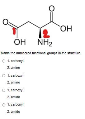 HO
OH
NH2
Name the numbered functional groups in the structure
O 1. carbonyl
2. amino
O 1. carboxyl
2. amino
1. carboxyl
2. amido
O 1. carbonyl
2. amido
