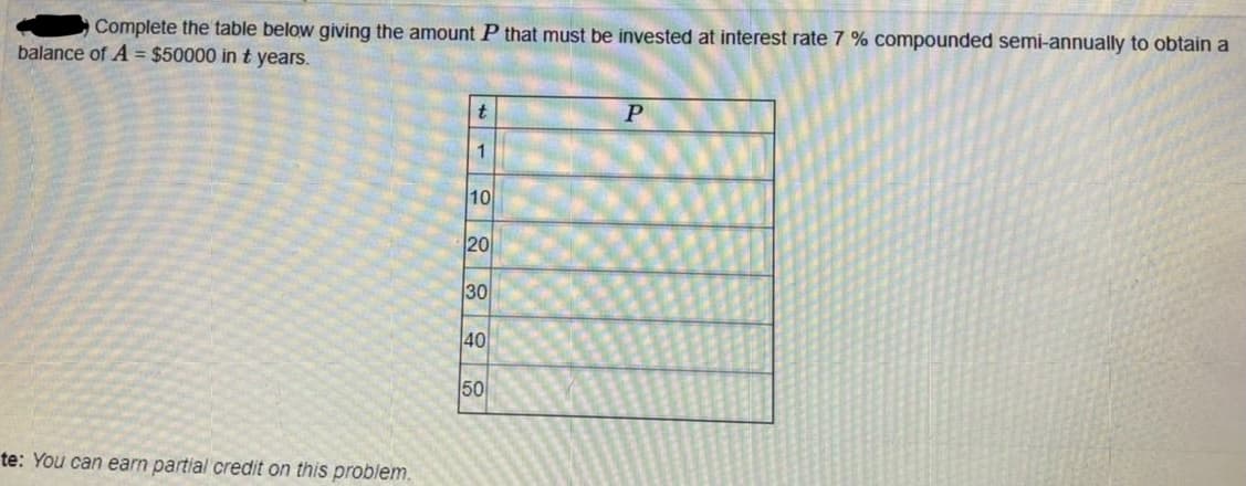 Complete the table below giving the amount P that must be invested at interest rate 7 % compounded semi-annually to obtain a
balance of A = $50000 in t years.
1
10
20
30
40
50
te: You can earn partial credit on this problem.
