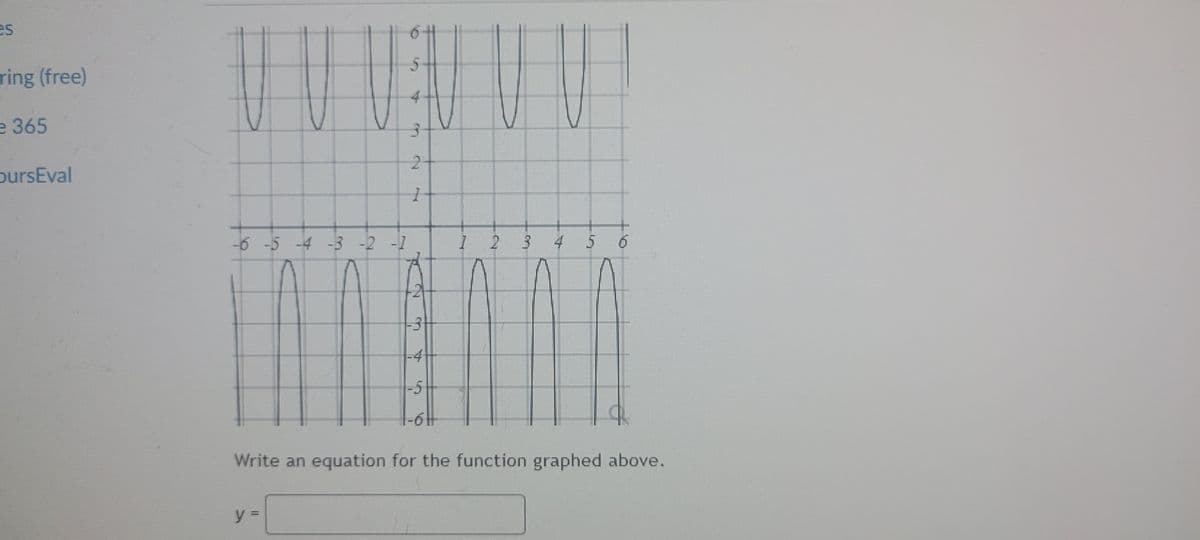 es
ring (free)
e 365
pursEval
-6-5 -4 -3-2 -1
3 45
-4
-5
Write an equation for the function graphed above.
%3=
