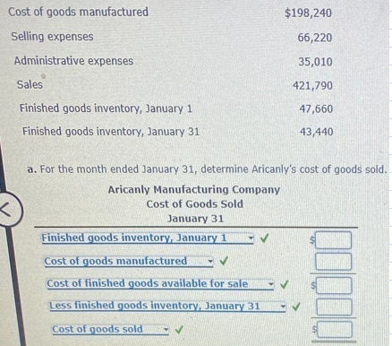 Cost of goods manufactured
$198,240
Selling expenses
66,220
Administrative expenses
35,010
Sales
421,790
Finished goods inventory, January 1
47,660
Finished goods inventory, January 31
43,440
a. For the month ended January 31, determine Aricanly's cost of goods sold.
Aricanly Manufacturing Company
Cost of Goods Sold
January 311
Finished goods inventory, January 1
V
Cost of goods manufactured ✔
Cost of finished goods available for sale M
Less finished goods inventory, January 31
Cost of goods sold
00000