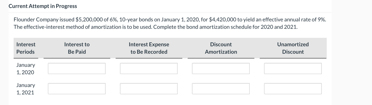 Current Attempt in Progress
Flounder Company issued $5,200,000 of 6%, 10-year bonds on January 1, 2020, for $4,420,000 to yield an effective annual rate of 9%.
The effective-interest method of amortization is to be used. Complete the bond amortization schedule for 2020 and 2021.
Interest
Interest to
Interest Expense
Discount
Unamortized
Periods
Be Paid
to Be Recorded
Amortization
Discount
January
1, 2020
January
1, 2021
