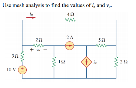 Use mesh analysis to find the values of iz and vo.
ix
2 A
2Ω
5Ω
ww
+ Vo -
3Ω
1Ω
ix
10 V
