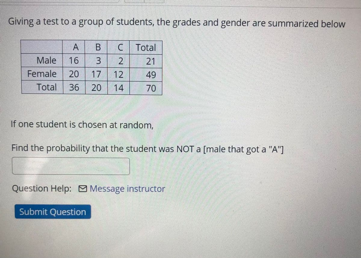 Giving a test to a group of students, the grades and gender are summarized below
A
B C
Total
Male
16 3
21
Female
49
70
20
17
Total
36
20
14
If one student is chosen at random,
Find the probability that the student was NOT a [male that got a "A"]
Question Help: O Message instructor
Submit Question
U22
