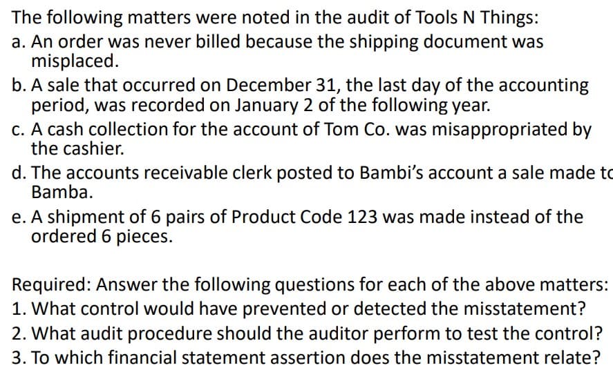 The following matters were noted in the audit of Tools N Things:
a. An order was never billed because the shipping document was
misplaced.
b. A sale that occurred on December 31, the last day of the accounting
period, was recorded on January 2 of the following year.
c. A cash collection for the account of Tom Co. was misappropriated by
the cashier.
d. The accounts receivable clerk posted to Bambi's account a sale made to
Bamba.
e. A shipment of 6 pairs of Product Code 123 was made instead of the
ordered 6 pieces.
Required: Answer the following questions for each of the above matters:
1. What control would have prevented or detected the misstatement?
2. What audit procedure should the auditor perform to test the control?
3. To which financial statement assertion does the misstatement relate?
